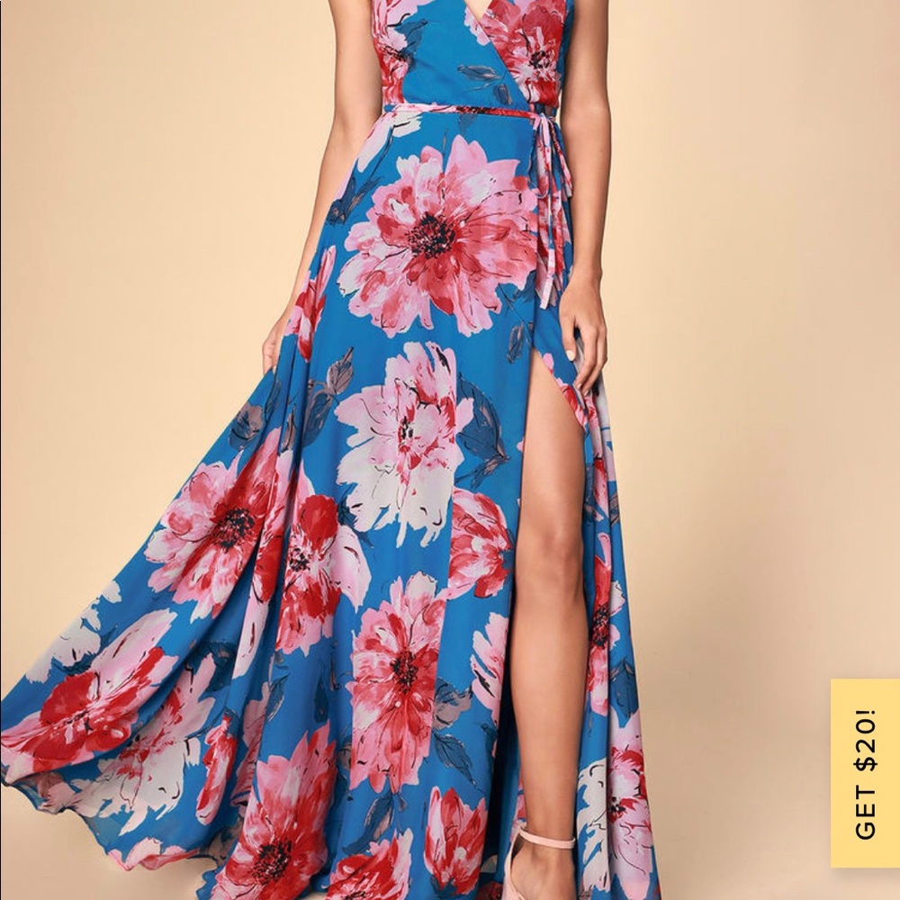 Always There For Me Blue Floral Print Wrap Maxi Dress - Lulu’s